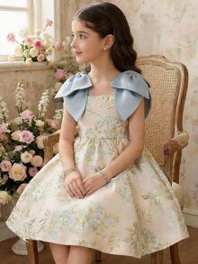 SHEIN Ärmlös klänning med blommig jacquard och rosett på axlarna för ung flicka - Rosa - Visa 13