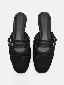 秋冬女士优雅时尚细带扣脚背带蝴蝶结装饰黑色缎面舒适方头一脚蹬平底穆勒鞋芭蕾平底鞋 - 黑色 - 查看 12