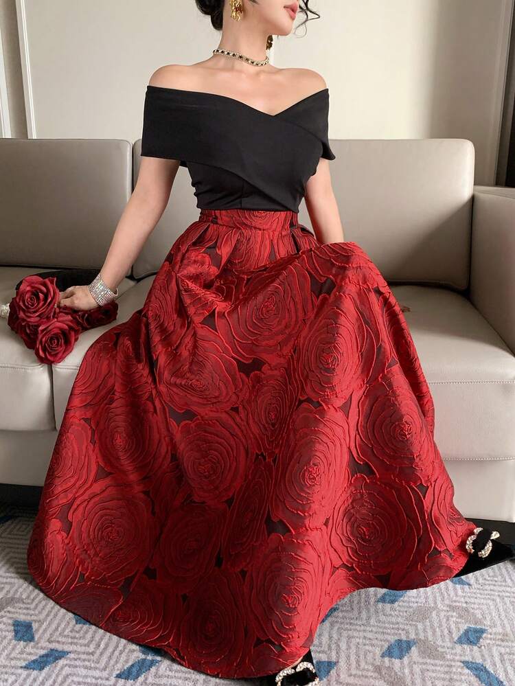 New Arrival French Style Off-Shoulder Patchwork Waist Jacquard Flared Dress,Wedding Guest Dress Women Maxi Dress Sundress