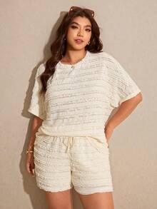 Elaquor 大码女装两件套 - 圆领短袖上衣和短裤，休闲日常穿着 - 杏色 - 查看 6