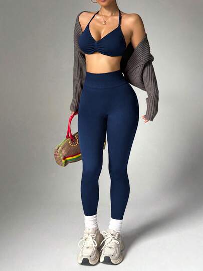 Dewbera Conjunto deportivo de sujetador halter plisado y mallas de unicolor para mujer