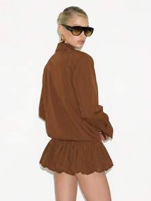 Femmeiva 女士硬挺混纺面料宽肩修身H型上衣，深V领裹身式设计，带肩垫和荷叶边下摆，现代复古风格，棕色，优雅女士正式场合穿着 - 咖啡棕 - 查看 2