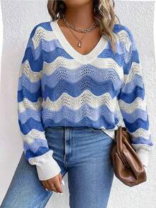 EURMUSE Áo len chui đầu tay dài họa tiết sọc cổ chữ V cỡ lớn dành cho nữ, trang phục ngoài trời đa năng cho mùa thu/đông - Màu xanh lam - Xem 3