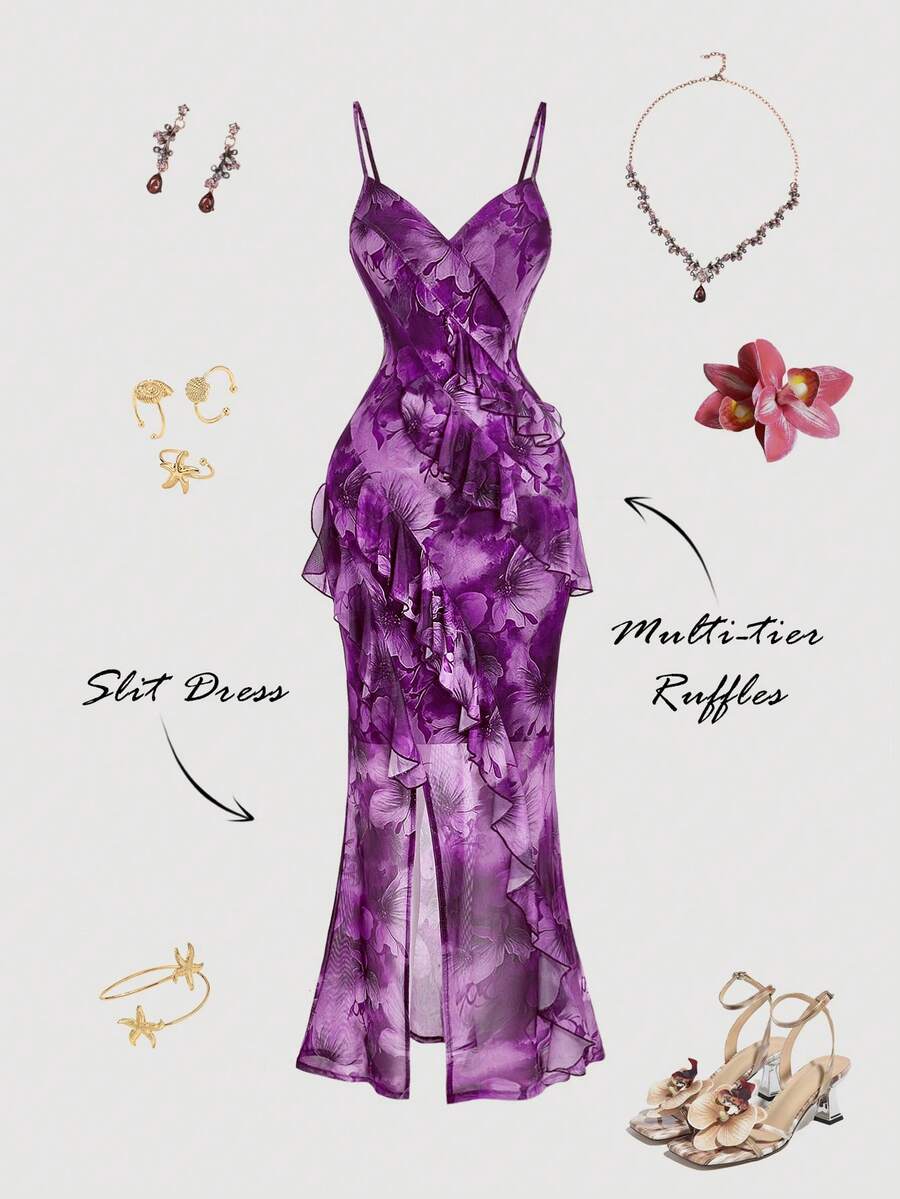 SHEIN MOD Đầm maxi dáng suông cổ chữ V, viền bèo nhún, xẻ cao, in họa tiết hoa nhuộm tie-dye. - Màu tím - Xem 1
