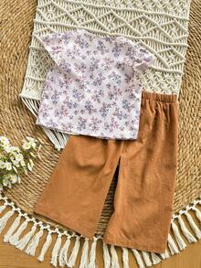 SHEIN Baby Girl Vacation Casual Ditsy Floral Tank Top And Pants Set - Brown - View 2