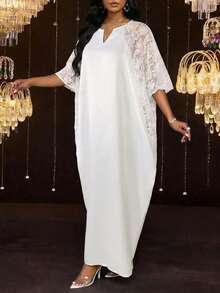 SHEIN Lady Women's Contrast Lace Raglan Sleeve Dress, Elegant - Red - View 5