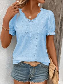 SHEIN LUNE Women's Contrast Lace Hollow Out Embroidery Short Petal Sleeve Casual T-Shirt - Baby Blue - View 1