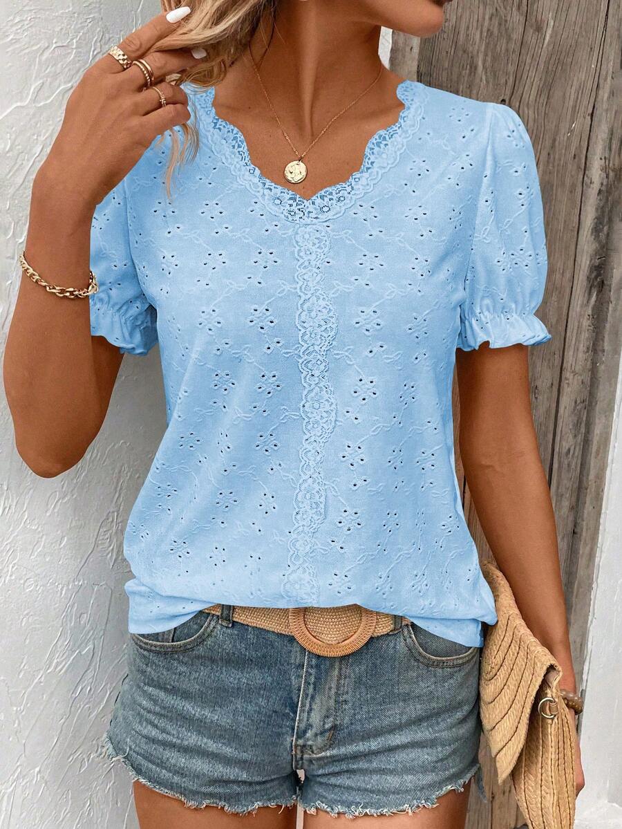 SHEIN LUNE Women's Contrast Lace Hollow Out Embroidery Short Petal Sleeve Casual T-Shirt - Baby Blue - View 1
