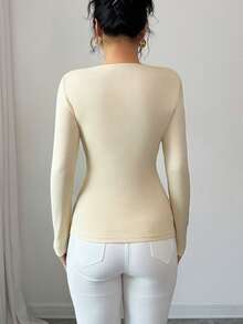 Elenzga T-shirt de mode ajusté à col rond, manches longues, avec décoration métallique, couleur unie pour femmes - Nude - Voir 2