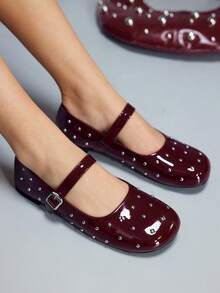 CUCCOO GRLICON Women's Rivet Decor Buckle Flat Loafers - Burgundy - View 1