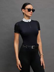 Activina Women's Contrast Zipper Partial Placket Short Sleeve Equestrian Top - Black - View 1