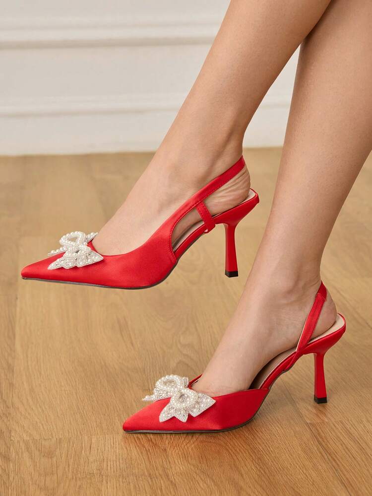 CUCCOO HITCHD Women Shoes Spring Summer New Three-Dimensional Cute Big Bow Design Pointed Toe Wine Glass Heel Middle Heel Romantic Elegance Simple Black Satin High Heel Single Slingback Dating Afternoon Tea Party Valentine's Day Elegant Wear Banquet Dating Evening Dress Sweet And Sexy Wedding Shoes Half Slippers Macaron White Beige Blue Royal Blue Pink Brown Green Burgundy Gray Rose Red Purple Yellow Orange Apricot Gold Silvery Diamonds Big Size Rhinestone Flower Lace Elegant Shoes Wedding Shoes