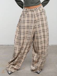 COUREZ 低腰宽松格纹灯笼裤/Y2K风格春季女装，可爱性感外出穿搭，夏季穿搭 - 杏色 - 查看 5