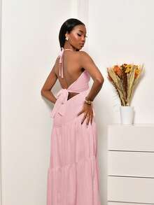 Mima John 女士雪纺露背吊带连衣裙，后背系带，适合度假、婚礼、活动，粉彩色系，适合派对穿着 - 淺粉色 - 查看 5