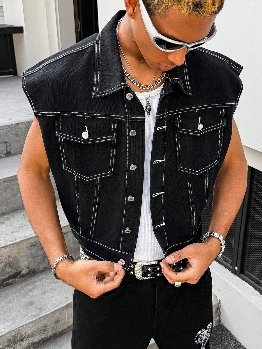 Manfinity EMRG Men's Mature Casual Street Life Line Design Black Washed Jacket - Black - View 1