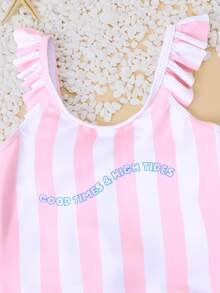 SUMWON 女童荷叶边吊带粉白条纹连体泳衣，印有“美好时光，高潮”标语，适合海滩夏季度假游泳 - 淺粉色 - 查看 4