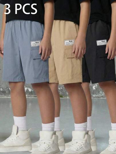 SHEIN Teen Boy 3 For 2 Loose Casual Sports Shorts, Versatile, Cargo Shorts, Black, Khaki, Blue, Suitable For Spring/Summer