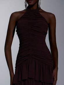 Elitara Elegant Formal Gala Prom Graduation Dinner Evening Pearl Chiffon Stand Collar Sleeveless Pleated Multilayer Ruffle Hem A-Line Dress Dark Red Fall - Coffee Brown - View 2