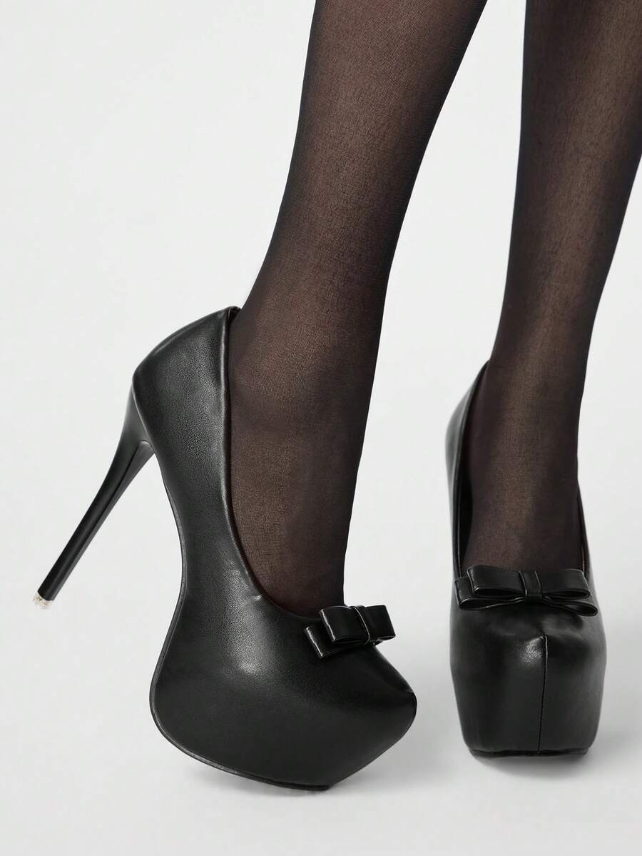 ROMWE Goth 女士新款细跟高跟鞋 14cm 小圆头时尚蝴蝶结性感内里防水桌鞋 - 黑色 - 查看 1