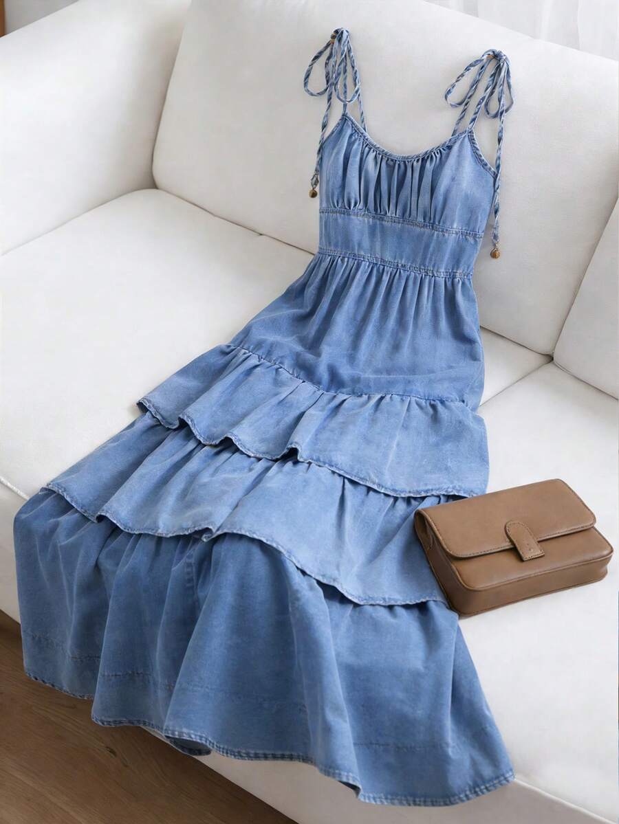 GlowEve CURVE Plus Size Women Ruched Multi-Layer Ruffle Hem Spaghetti Strap Denim Dress Vacation Light Blue Autumn Elegant - Blue - View 1