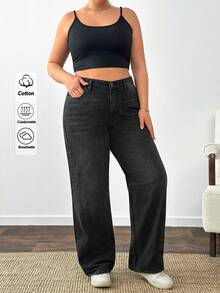 SHEIN Blugi din denim, 100% bumbac, mărime mare, talie înaltă, croială dreaptă, culoare neagră, casual, cu bandă elastică la talie - Negru - Vizualizare 1