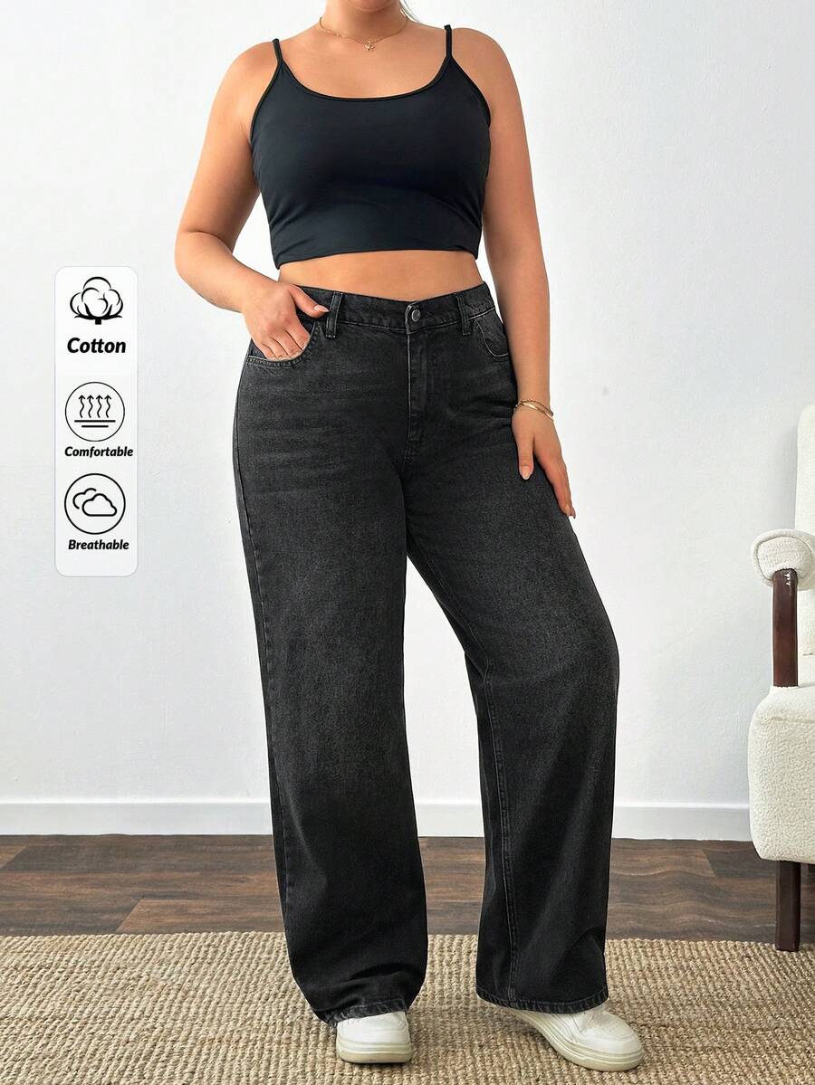 SHEIN Blugi din denim, 100% bumbac, mărime mare, talie înaltă, croială dreaptă, culoare neagră, casual, cu bandă elastică la talie - Negru - Vizualizare 1