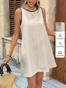 SHEIN LUNE 女士休闲无袖撞色滚边口袋连衣裙 度假女装 夏季女装 夏季连衣裙 度假连衣裙 沙滩休闲连衣裙 女士休闲连衣裙 工作女装 教师女装 - 杏色 - 查看 4