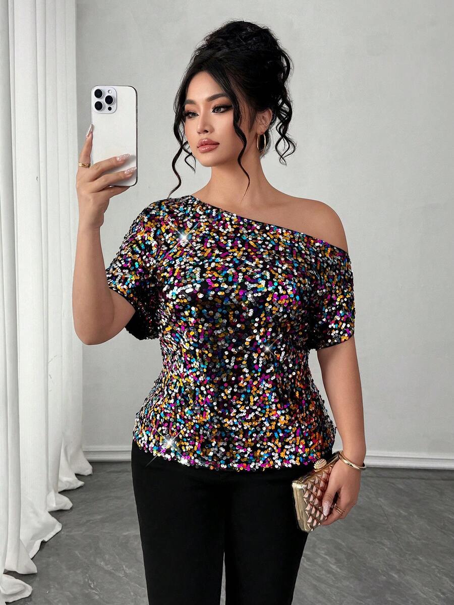 Elenzga Plus Size Women's Fashionable Colorful Beaded Cold Shoulder Top