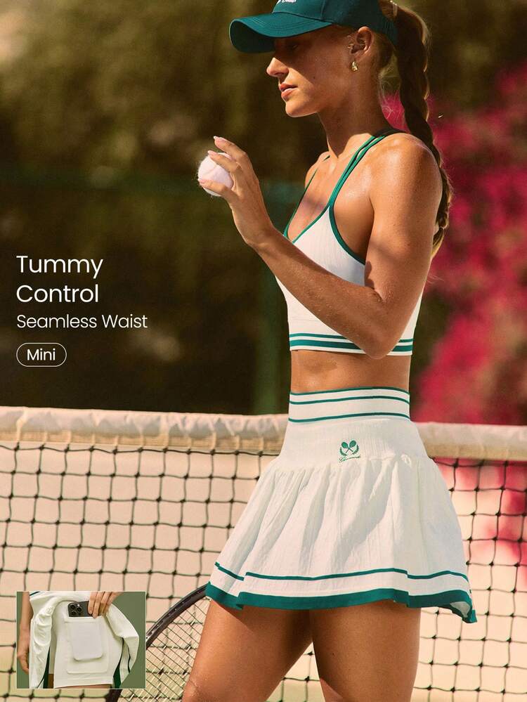 Stay Unstoppable Second-Skin Seamless Sweat-Wicking Quick-Dry Tummy Control Built-In Shorts Side Pockets Two-Tone Pleated Skirt Low Impact Tennis Golf Pickleball Daily Casual Wear