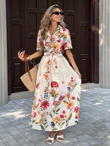 Selianne 女士优雅时尚通勤休闲舒适迷人复古简约高端浪漫假日衬衫领袖口翻折短袖腰部系带蝴蝶结腰带系腰A字下摆印花连衣裙（随机印花） - 杏色 - 查看 4