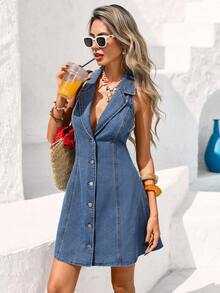 Vivid Eden 女士翻领单排扣性感吊带牛仔连衣裙 - 中等水洗藍 - 查看 4