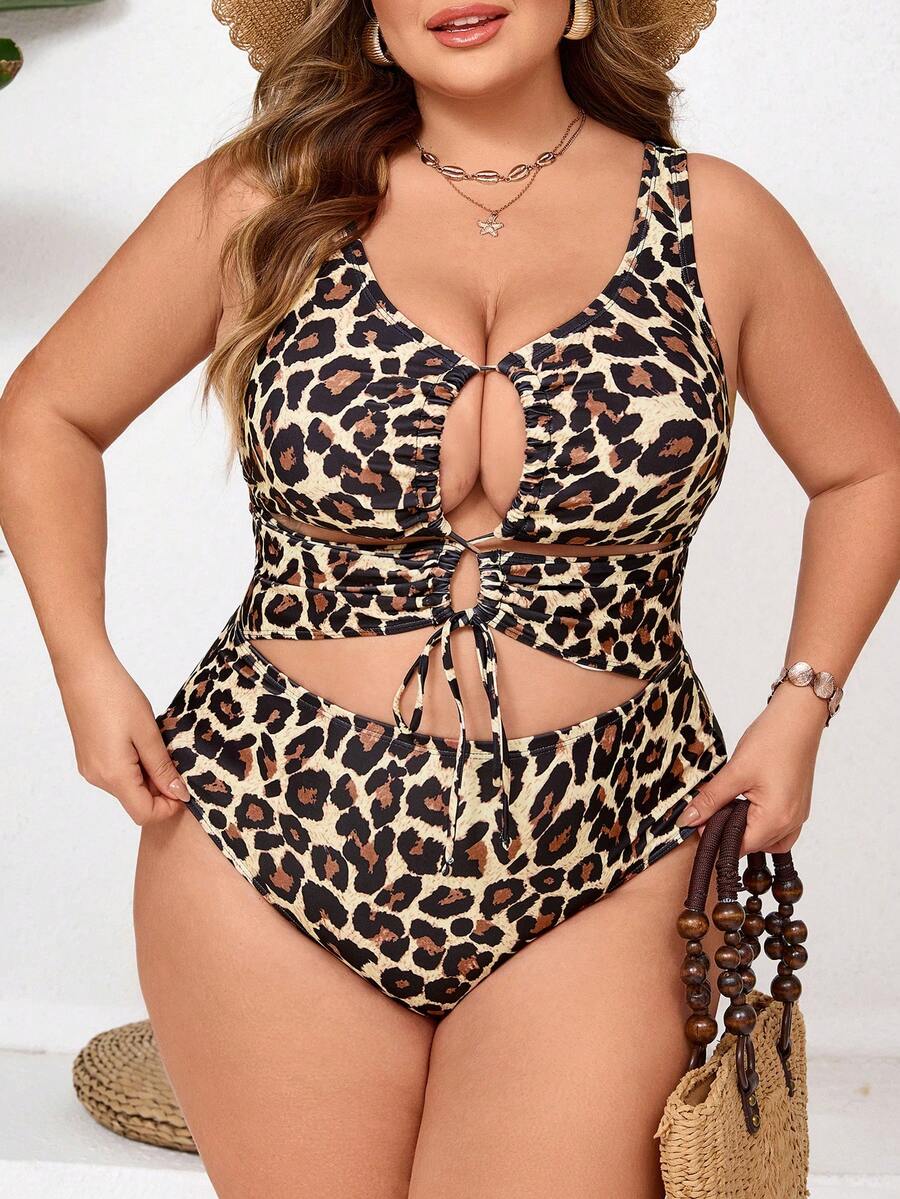SHEIN CURVE+ 大码女式豹纹抽绳镂空连体泳衣,适合海滩穿着 - 彩色 - 查看 1