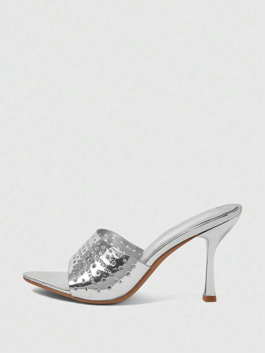 Sleekvia 女士鞋履春夏新款银色圆头镂空细高跟凉鞋拖鞋时尚舒适百搭通勤性感派对女士凉鞋女鞋拖鞋 - 銀色 - 查看 1