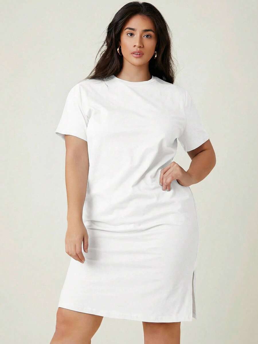 EMERY ROSE Plus Solid Split Hem Tee Dress - White - View 1