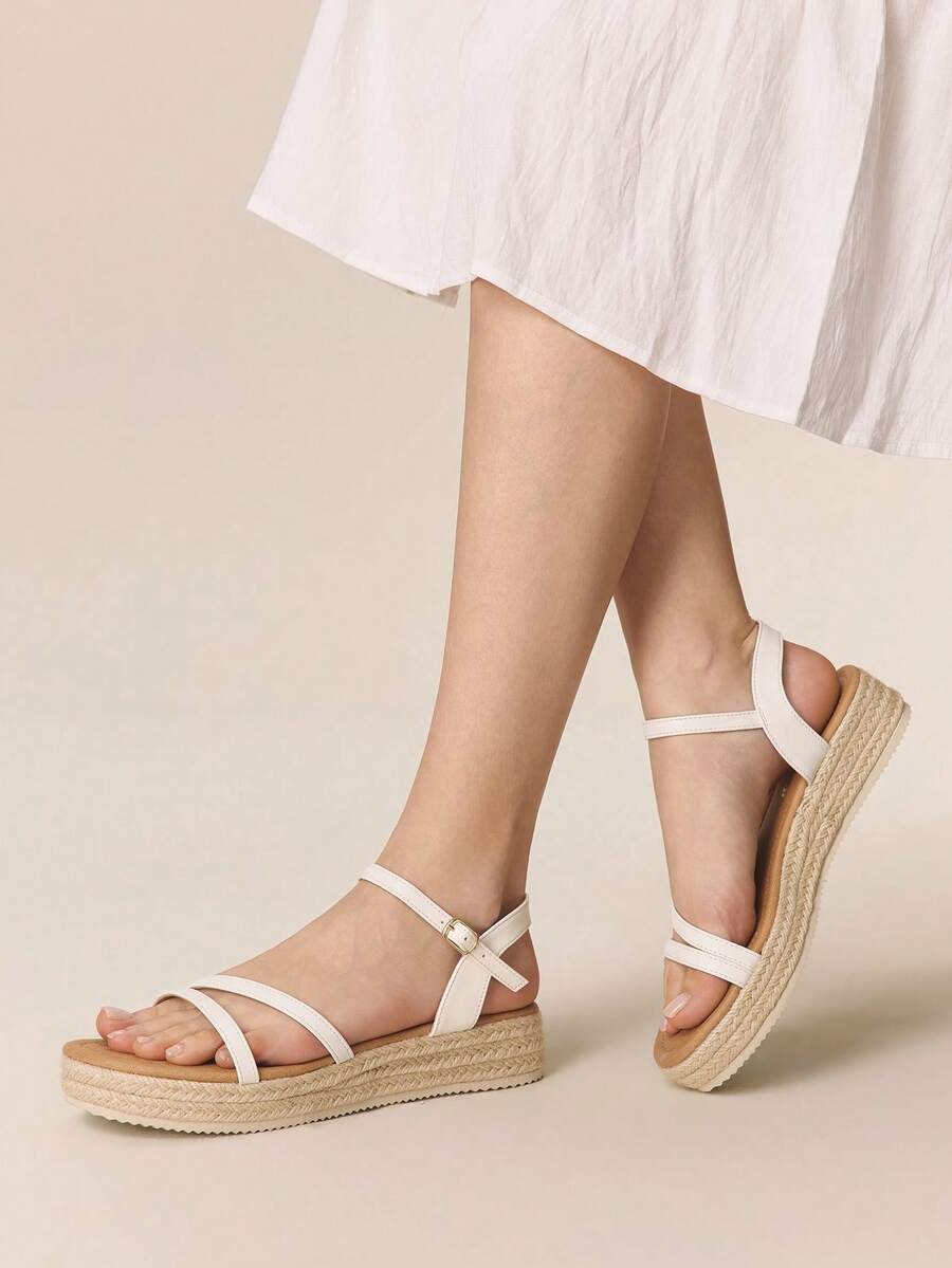 Styleloop Giày sandal đế xuồng cao gót cho nữ, chất liệu vải dệt, gót dây thừng, thiết kế quai ngang, phụ kiện không thể thiếu cho kỳ nghỉ, phong cách bohemian, lễ hội âm nhạc, tiệc tùng, phong cách retro Mỹ, trang phục du lịch, vật dụng cần thiết khi đi du lịch. - Màu trắng 1 - Xem 1