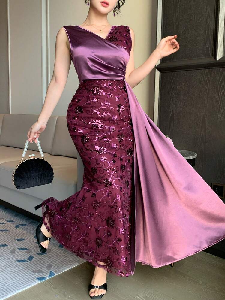 Women's Elegant Sequin Contrast Color Asymmetric V-Neck Long Dress, Summer,Wedding Guest Dress Women Maxi Dress Sundress Cocktail Dress