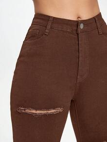 SHEIN EZwear Jeans pitillo negros con bolsillos sesgados y rotos - Marrón - View 6