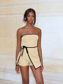 Mima John Women's Business Casual Contrast Color Side Tie Waist Jumpsuit Skort - Apricot - View 1