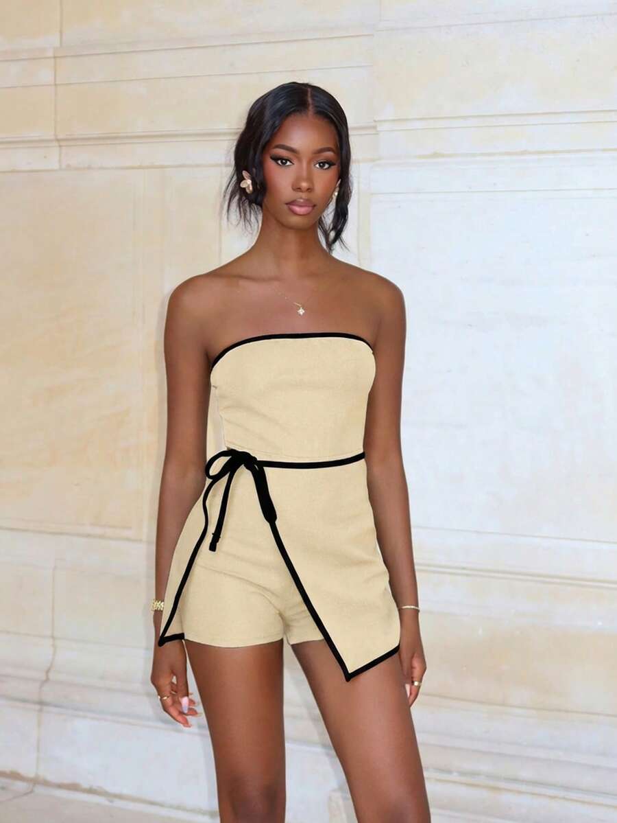 Mima John Women's Business Casual Contrast Color Side Tie Waist Jumpsuit Skort - Apricot - View 1