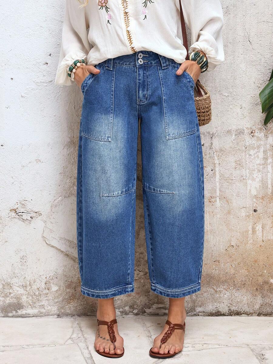 Women's Pocket Flared Casual Loose Fit Jeans - Blue - View 1