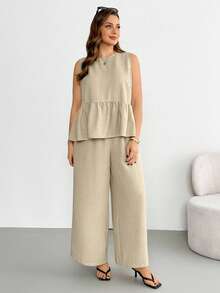 SHEIN Essnce Women's Plus Size Summer Smart Casual Khaki Two Piece Set,Everyday Back Bow Tie Top And Wide-Leg Pants,Fashion Loose Comfortable Vacation Outfits - Apricot - View 2