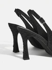 CUCCOO TILAWA Giày nữ mũi nhọn, gót mảnh, màu đen đính đá, gợi cảm, thời trang, kiểu slingback, thích hợp phối cùng váy, dự tiệc, hộp đêm, giày cao gót nữ. - màu đen - Xem 4