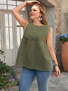 Rosumi Plus Size Women Solid Color Round Neck Side Tie Casual Loose Tank Top - Green - View 5