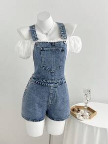 Elamini Y2K Summer Casual Denim Bib Shorts - Light Wash - View 6