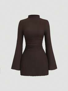 Sweetra Vestido mini entallado de línea A con mangas largas acampanadas, cuello de tortuga, cintura texturizada y fruncido para mujer, estilo elegante y de oficina, para primavera/verano - Marrón - Ver 1