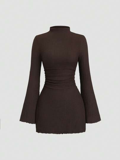 Sweetra Spring/Summer Women's Fashion Elegant Commuter Style Mock Neck Flared Long Sleeve Textured Waist Ruched Fitted Mini A-Line Dress