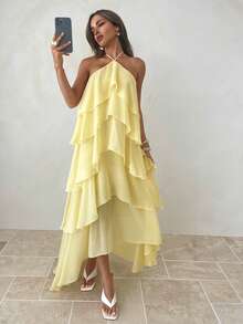 Aloruh Đầm nữ màu vàng trơn xếp ly mới, thích hợp cho mùa xuân/hè. - Vàng nhạt - Xem 7
