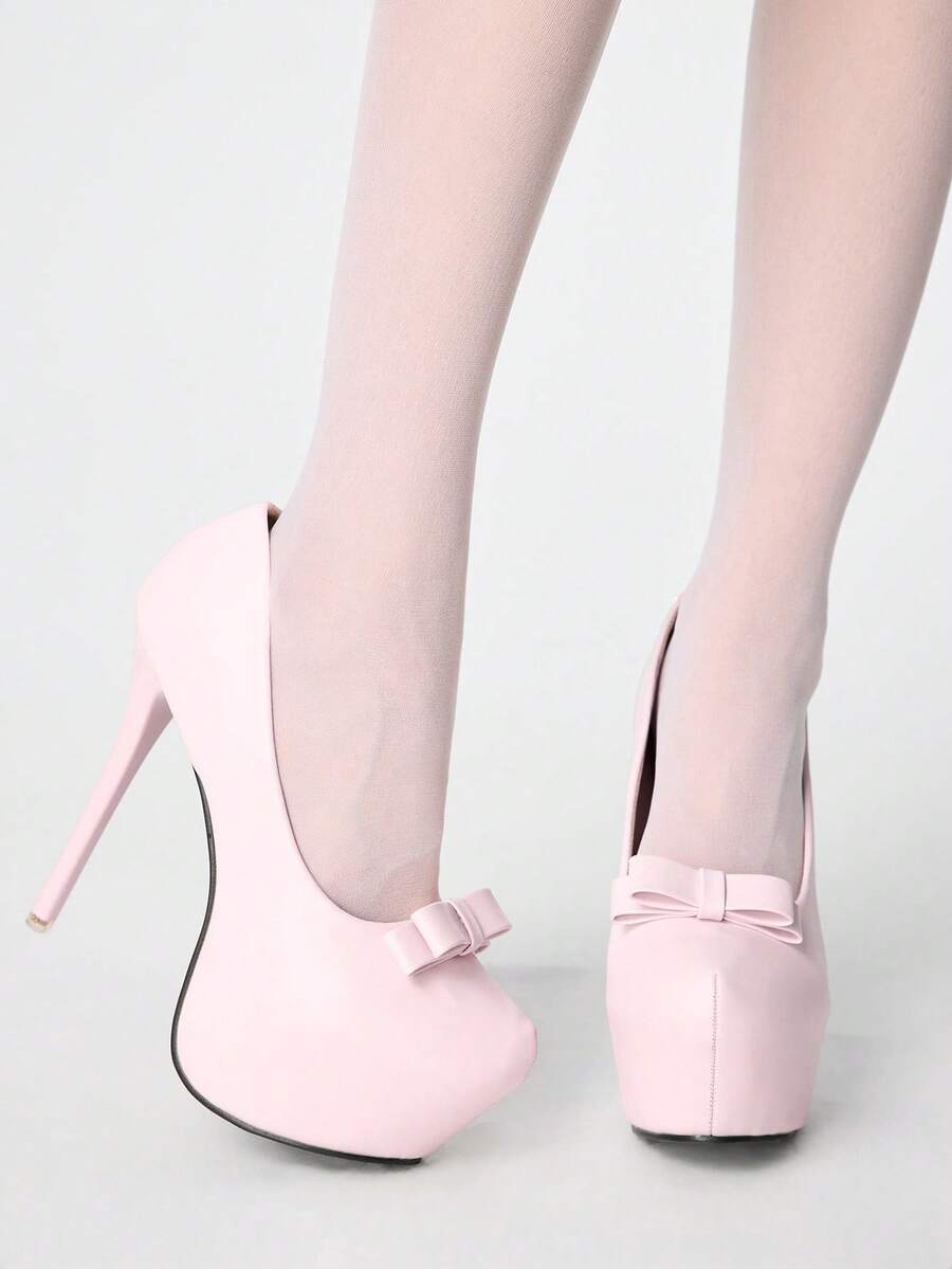 ROMWE Kawaii Giày cao gót nữ mới, gót mỏng 14cm, mũi tròn nhỏ, có nơ, kiểu dáng thời trang, gợi cảm, lót trong chống thấm nước. - Hồng - Xem 1