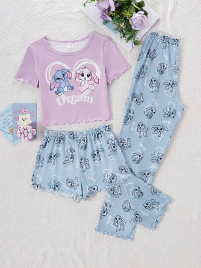 3件套少女可爱兔子印花睡衣套装 - 紫色长裤、短裤和短袖上衣
