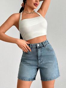 SHEIN 高腰花卉刺绣牛仔短裤 - 雏菊图案后腰拼接细节牛仔短裤 - 淺色水洗藍 - 查看 3